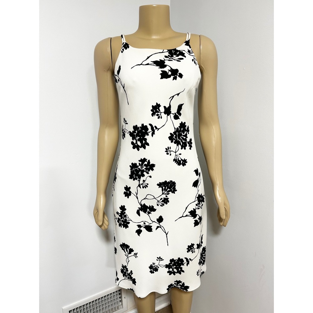 Y2K SL Fashions White Black Floral Midi Sheath Dress Square Neck Size 8 146544